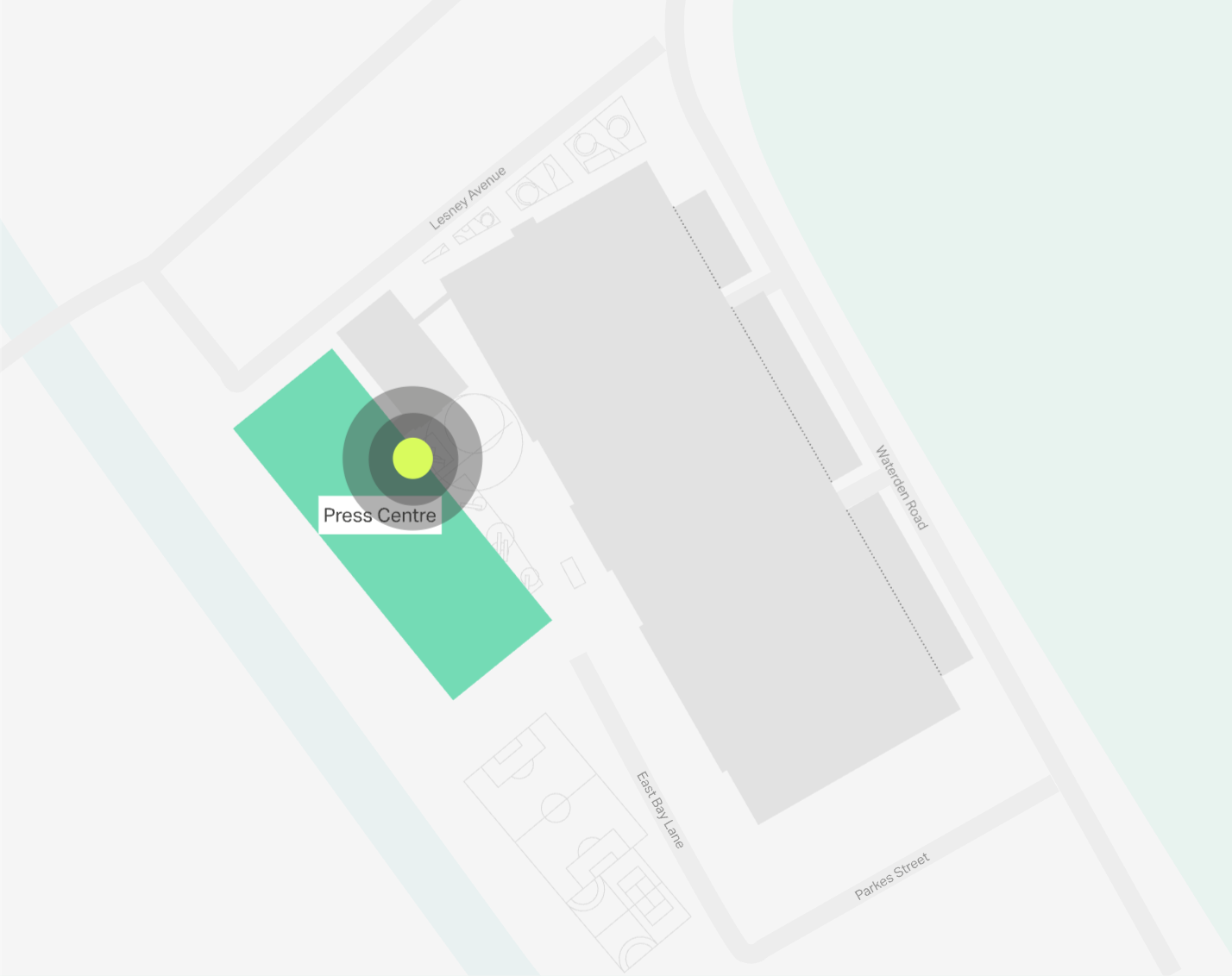 Site plan of Here East with Plexal marked in the Press Centre building