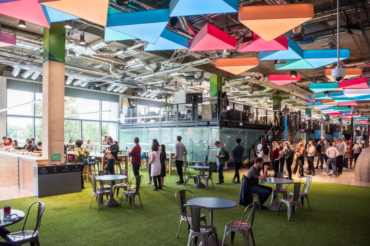 The colourful interior of Here East on Queen Elizabeth Olympic Park